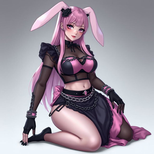 A realistic sexy submissive gothic anime bunny girl, exhibiting a shy and flustered expression with a light blush on her cheeks