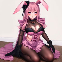 A realistic sexy submissive gothic anime bunny girl, exhibiting a shy and flustered expression with a light blush on her cheeks