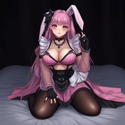 A realistic sexy submissive gothic anime bunny girl, displaying a shy and flustered expression with a gentle blush on her cheeks