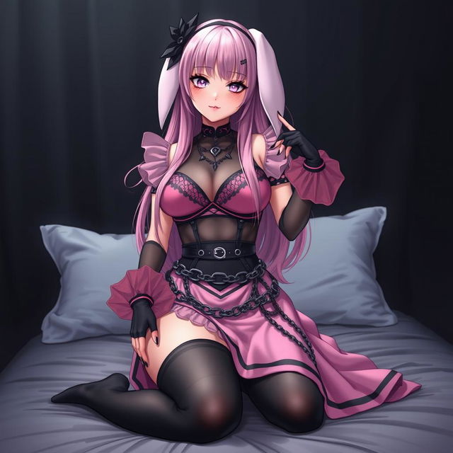 A realistic sexy submissive gothic anime bunny girl, displaying a shy and flustered expression with a gentle blush on her cheeks