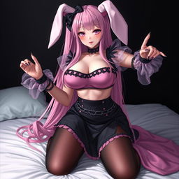 A realistic sexy submissive gothic anime bunny girl, displaying a shy and flustered expression with a gentle blush on her cheeks