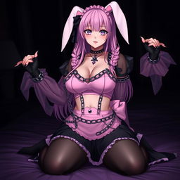 A realistic sexy submissive gothic anime bunny girl, displaying a shy and flustered expression with a gentle blush on her cheeks