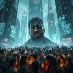 A poignant scene set in a stunning futuristic world where people gather to mourn the loss of MrBeast, portrayed as a larger-than-life figure