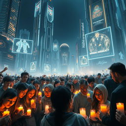 A poignant scene set in a stunning futuristic world where people gather to mourn the loss of MrBeast, portrayed as a larger-than-life figure