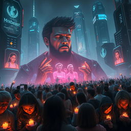 A poignant scene set in a stunning futuristic world where people gather to mourn the loss of MrBeast, portrayed as a larger-than-life figure