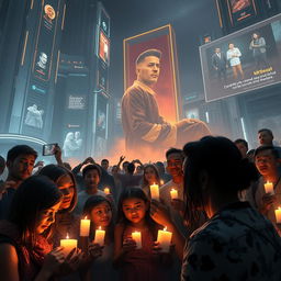 A poignant scene set in a stunning futuristic world where people gather to mourn the loss of MrBeast, portrayed as a larger-than-life figure
