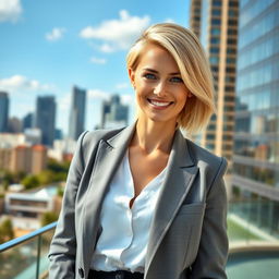 A stunning Russian woman aged 35 to 45, featuring beautiful blonde hair styled in a fashionable, contemporary haircut
