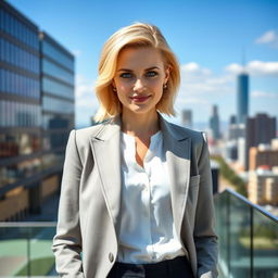 A stunning Russian woman aged 35 to 45, featuring beautiful blonde hair styled in a fashionable, contemporary haircut