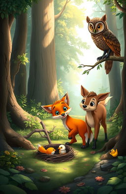 In the heart of the enchanted Mumbling Woods, a vibrant and magical scene unfolds where a youthful, curious fox named Finn with bright orange fur and a playful spirit meets a small, fluffy baby bird on the ground that has fallen from its nest