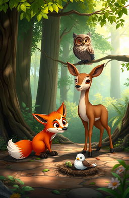In the heart of the enchanted Mumbling Woods, a vibrant and magical scene unfolds where a youthful, curious fox named Finn with bright orange fur and a playful spirit meets a small, fluffy baby bird on the ground that has fallen from its nest