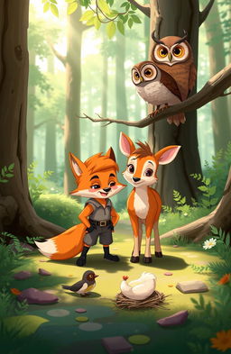 In the heart of the enchanted Mumbling Woods, a vibrant and magical scene unfolds where a youthful, curious fox named Finn with bright orange fur and a playful spirit meets a small, fluffy baby bird on the ground that has fallen from its nest