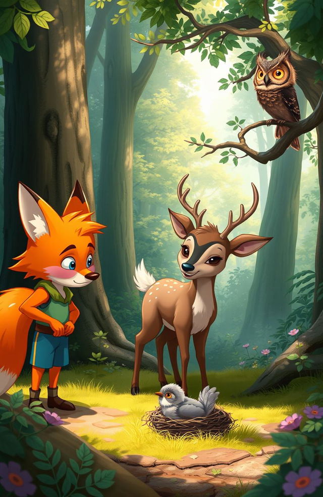 In the heart of the enchanted Mumbling Woods, a vibrant and magical scene unfolds where a youthful, curious fox named Finn with bright orange fur and a playful spirit meets a small, fluffy baby bird on the ground that has fallen from its nest