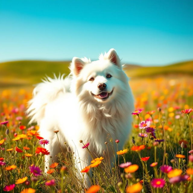 A majestic, fluffy white dog standing proudly in a sunny meadow, surrounded by vibrant wildflowers