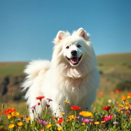 A majestic, fluffy white dog standing proudly in a sunny meadow, surrounded by vibrant wildflowers