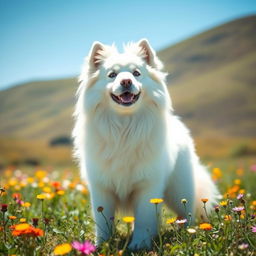 A majestic, fluffy white dog standing proudly in a sunny meadow, surrounded by vibrant wildflowers