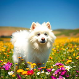 A majestic, fluffy white dog standing proudly in a sunny meadow, surrounded by vibrant wildflowers