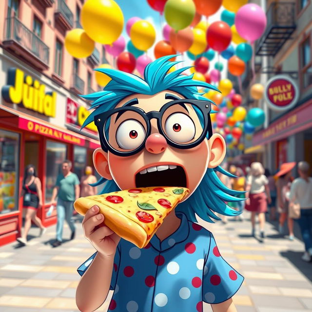A playful and whimsical scene featuring a cartoonish character with a surprised expression, holding a giant slice of pizza in their mouth