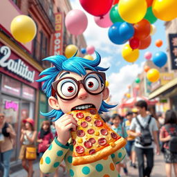 A playful and whimsical scene featuring a cartoonish character with a surprised expression, holding a giant slice of pizza in their mouth
