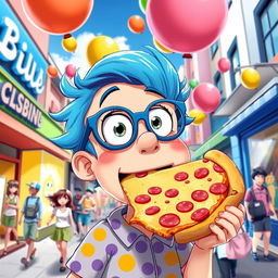 A playful and whimsical scene featuring a cartoonish character with a surprised expression, holding a giant slice of pizza in their mouth