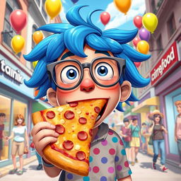 A playful and whimsical scene featuring a cartoonish character with a surprised expression, holding a giant slice of pizza in their mouth