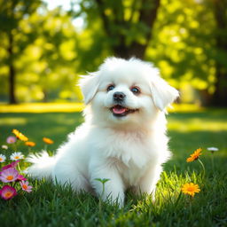 A fluffy white dog with a soft, thick coat, sitting adorably on a bright green lawn