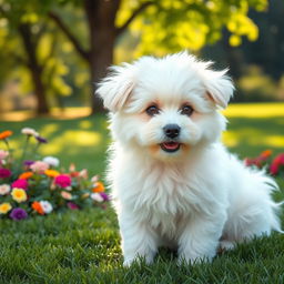 A fluffy white dog with a soft, thick coat, sitting adorably on a bright green lawn