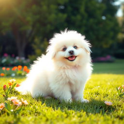 A fluffy white dog with a soft, thick coat, sitting adorably on a bright green lawn