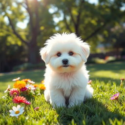 A fluffy white dog with a soft, thick coat, sitting adorably on a bright green lawn