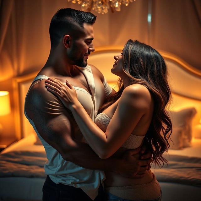 A sensual and intimate scene featuring two adult models, a tall muscular man and a curvaceous woman, passionately embracing each other
