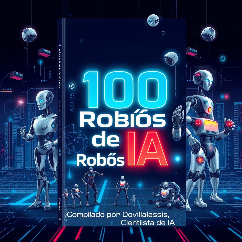 A modern and visually striking eBook cover design featuring 100 AI robots, reflecting the diverse and innovative uses of AI technology in today's world