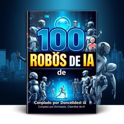 A modern and visually striking eBook cover design featuring 100 AI robots, reflecting the diverse and innovative uses of AI technology in today's world