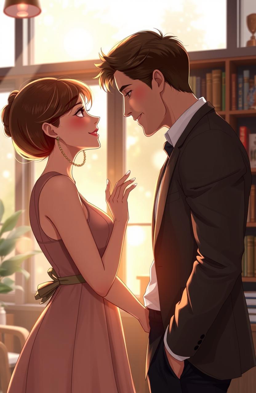 A romantic scene depicting a girl and a handsome CEO in a cozy, modern office setting