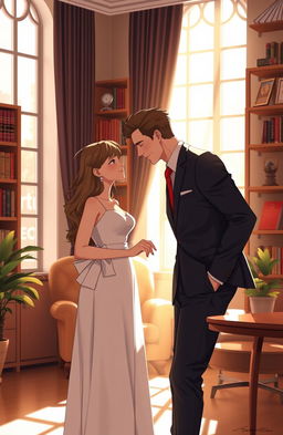 A romantic scene depicting a girl and a handsome CEO in a cozy, modern office setting
