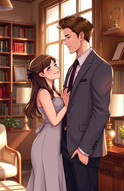 A romantic scene depicting a girl and a handsome CEO in a cozy, modern office setting