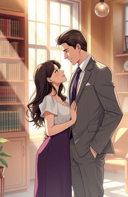A romantic scene depicting a girl and a handsome CEO in a cozy, modern office setting