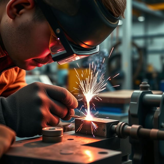 A close-up view of a spot welding process, showcasing a skilled technician working on metal parts using a welding machine