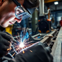 A close-up view of a spot welding process, showcasing a skilled technician working on metal parts using a welding machine