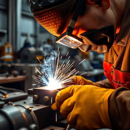 A close-up view of a spot welding process, showcasing a skilled technician working on metal parts using a welding machine