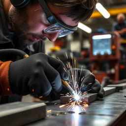 A close-up view of a spot welding process, showcasing a skilled technician working on metal parts using a welding machine