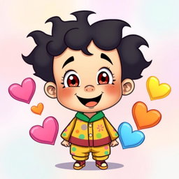 An adorable, cartoon-style little boy with bright, playful eyes and a charming smile, surrounded by a layer of six colorful hearts
