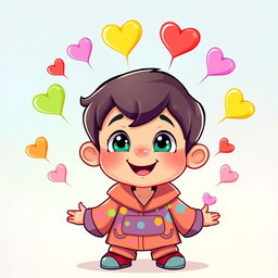 An adorable, cartoon-style little boy with bright, playful eyes and a charming smile, surrounded by a layer of six colorful hearts