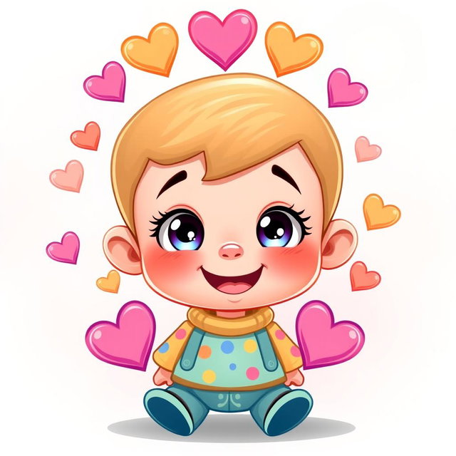 An adorable, cartoon-style little boy with bright, playful eyes and a charming smile, surrounded by a layer of six colorful hearts