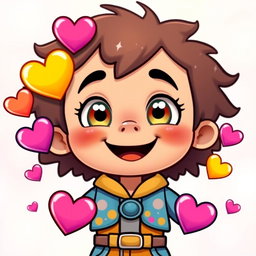 An adorable, cartoon-style little boy with bright, playful eyes and a charming smile, surrounded by a layer of six colorful hearts