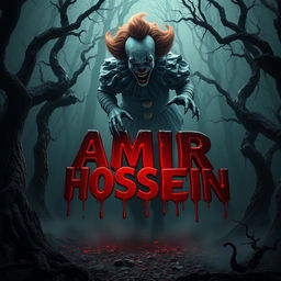 A chilling and eerie scene set in a terrifying dark forest, where the name 'AMIR HOSSEIN' stands out, surrounded by a fearsome werewolf and a menacing vampire