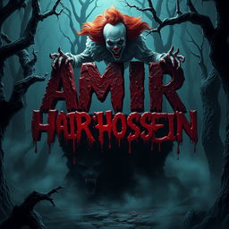 A chilling and eerie scene set in a terrifying dark forest, where the name 'AMIR HOSSEIN' stands out, surrounded by a fearsome werewolf and a menacing vampire