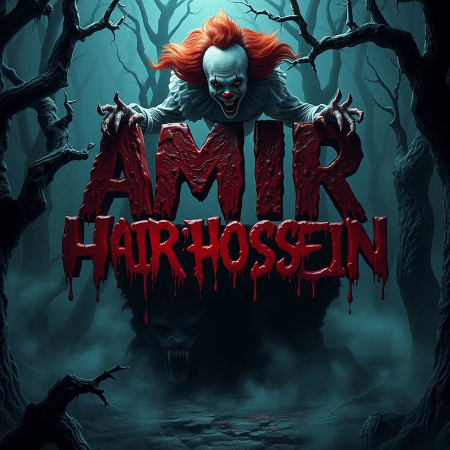 A chilling and eerie scene set in a terrifying dark forest, where the name 'AMIR HOSSEIN' stands out, surrounded by a fearsome werewolf and a menacing vampire
