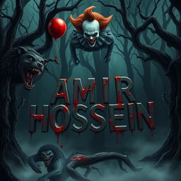 A chilling and eerie scene set in a terrifying dark forest, where the name 'AMIR HOSSEIN' stands out, surrounded by a fearsome werewolf and a menacing vampire