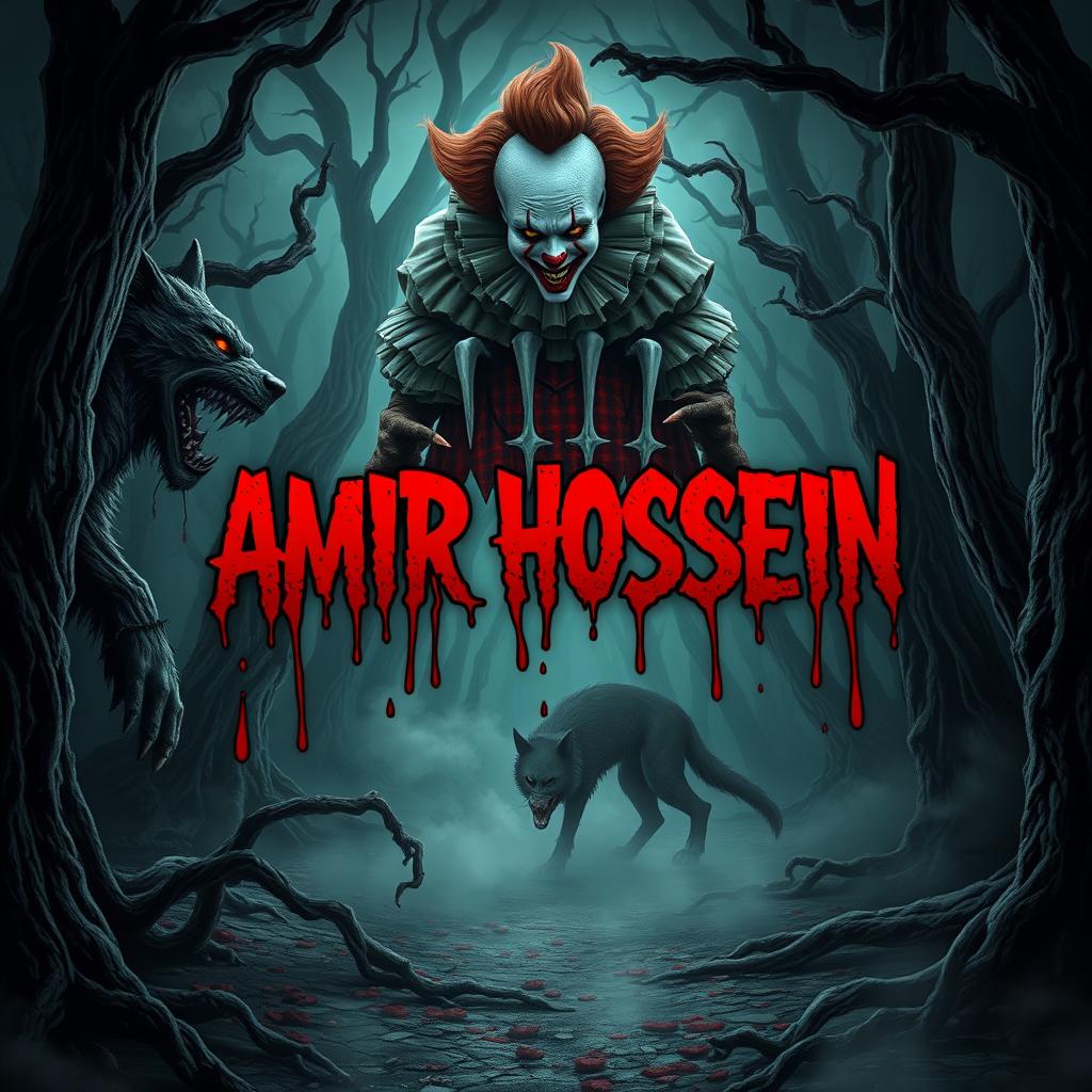 A chilling and eerie scene set in a terrifying dark forest, where the name 'AMIR HOSSEIN' stands out, surrounded by a fearsome werewolf and a menacing vampire
