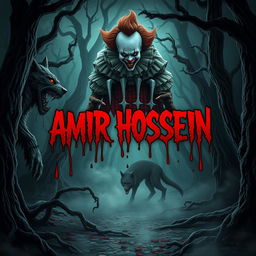 A chilling and eerie scene set in a terrifying dark forest, where the name 'AMIR HOSSEIN' stands out, surrounded by a fearsome werewolf and a menacing vampire
