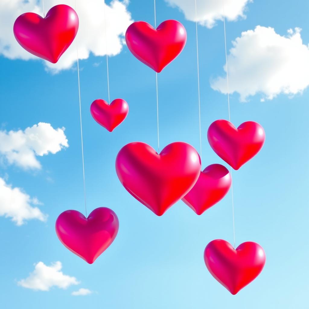 Six large, animated hearts floating down from a clear blue sky, surrounded by fluffy white clouds